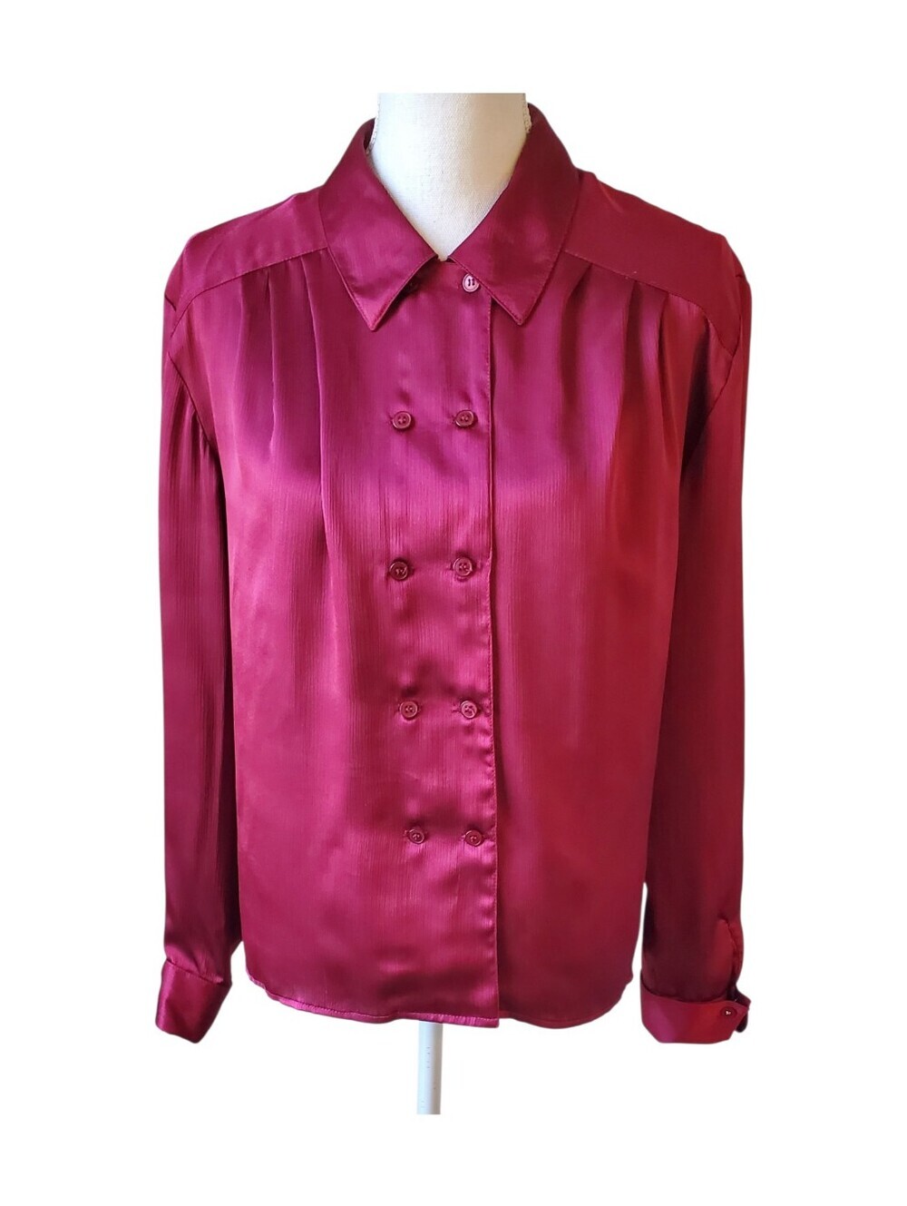 Laura Henson Burgundy Satin Double-Breasted Blouse Vintage Long Sleeve Size 12